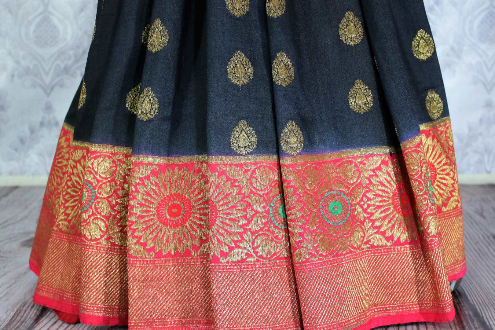 Regal black Muga Banarasi saree with zari buta buy online in USA. Explore a range of Indian wedding sarees in USA at Pure Elegance clothing store for women. Shop now,-pleats