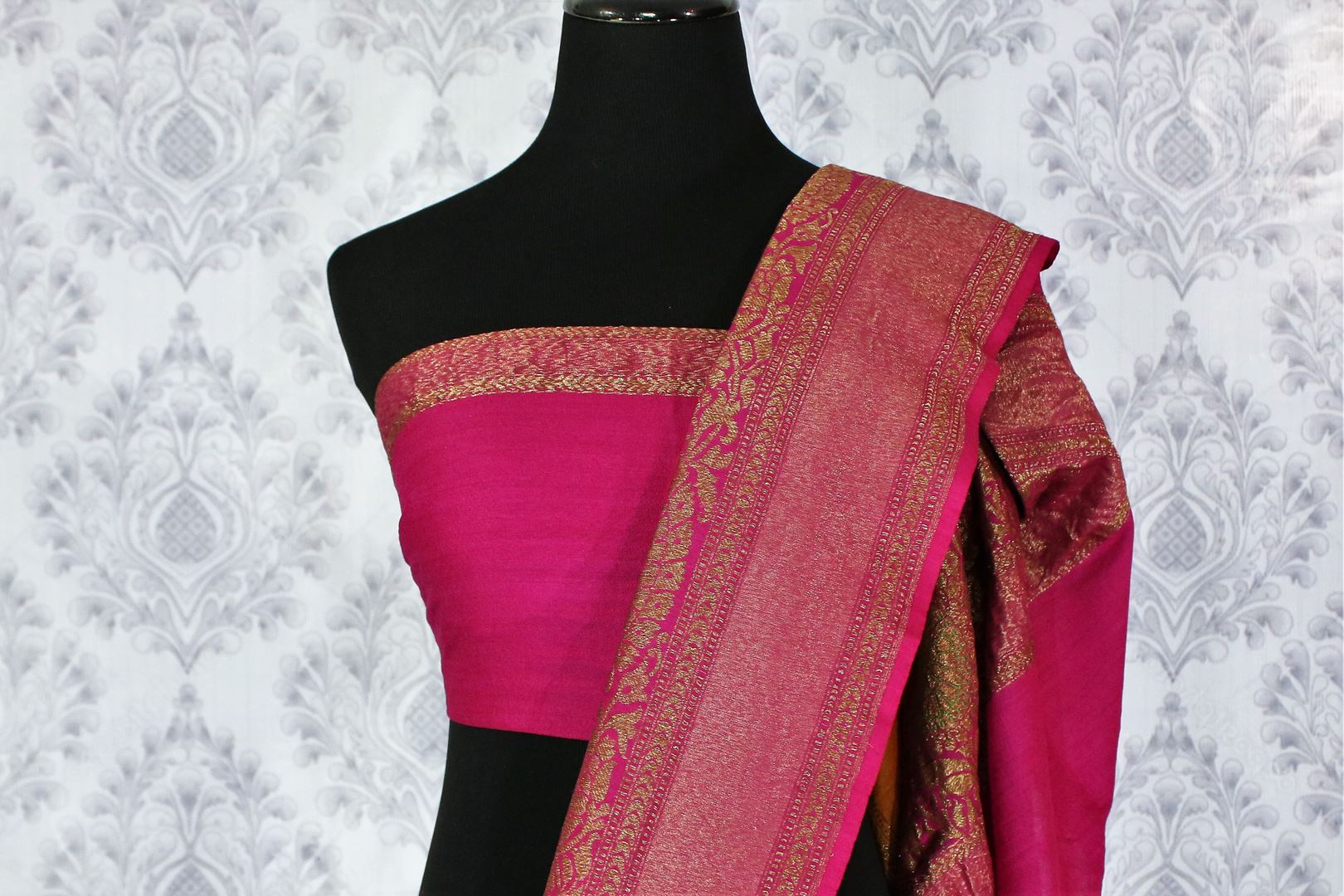 Bright yellow Muga Banarasi saree with antique zari border buy online in USA. Explore a range of Indian wedding sarees in USA at Pure Elegance clothing store for women.-blouse pallu