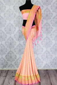Soft pink color georgette Banarasi sari with zari buta buy online in USA. Explore a range of beautiful Indian designer sarees at Pure Elegance clothing store for women.-full view