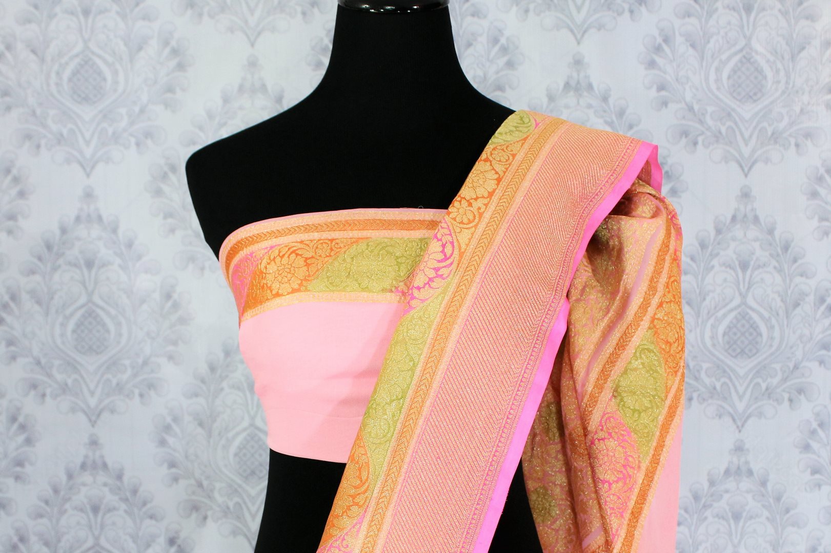 Soft pink color georgette Banarasi sari with zari buta buy online in USA. Explore a range of beautiful Indian designer sarees at Pure Elegance clothing store for women.-blouse pallu