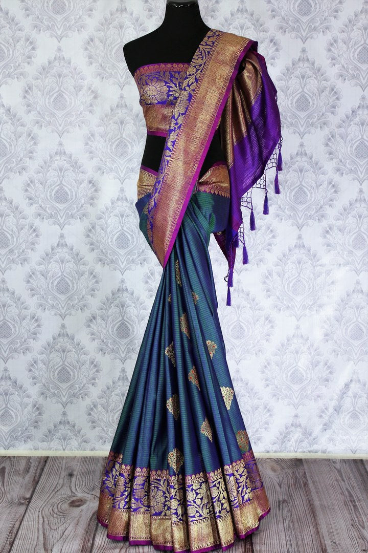Beautiful greenish blue tussar Banarasi sari with zari buta buy online in USA. Explore a range of Indian designer saris at Pure Elegance clothing store for women.-full view