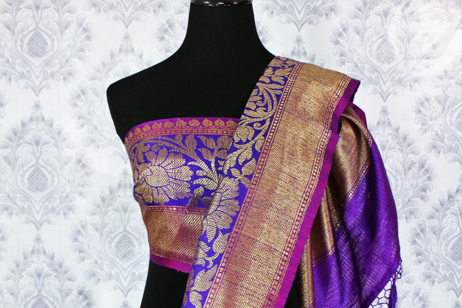 Beautiful greenish blue tussar Banarasi sari with zari buta buy online in USA. Explore a range of Indian designer saris at Pure Elegance clothing store for women.-blouse pallu