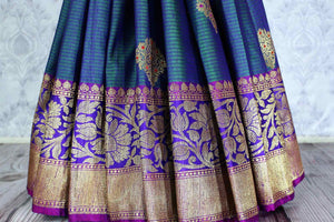 Beautiful greenish blue tussar Banarasi sari with zari buta buy online in USA. Explore a range of Indian designer saris at Pure Elegance clothing store for women.-pleats