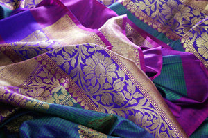 Beautiful greenish blue tussar Banarasi sari with zari buta buy online in USA. Explore a range of Indian designer saris at Pure Elegance clothing store for women.-details
