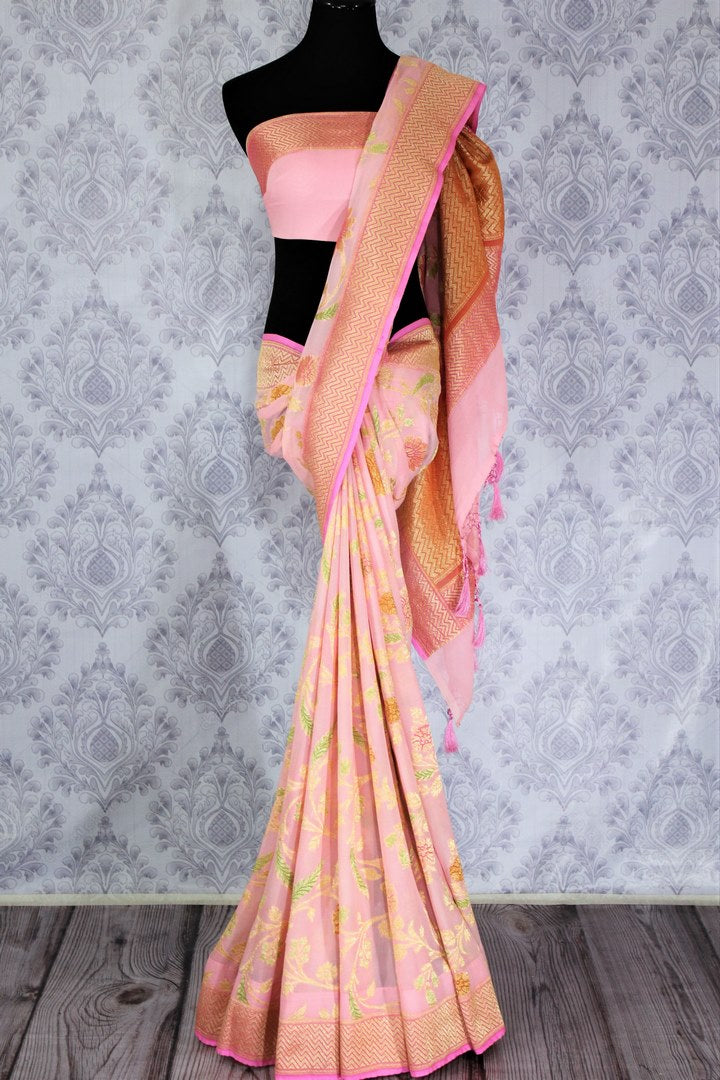 Beautiful pink color georgette Banarasi saree with floral design buy online in USA. Explore a range of Indian designer sarees at Pure Elegance clothing store for women.-full view