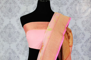 Beautiful pink color georgette Banarasi saree with floral design buy online in USA. Explore a range of Indian designer sarees at Pure Elegance clothing store for women.-blouse pallu