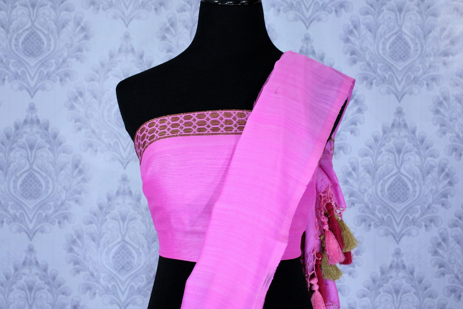 Buy light pink muga Benarasi saree online in USA. The striking saree is a great choice to keep it simple and ethnic at special occasions. Select from an exquisite collection of traditional Indian Banarasi sarees, Banarasi silk saris at Pure Elegance clothing store or shop online for weddings, parties, and festivals.-blouse pallu