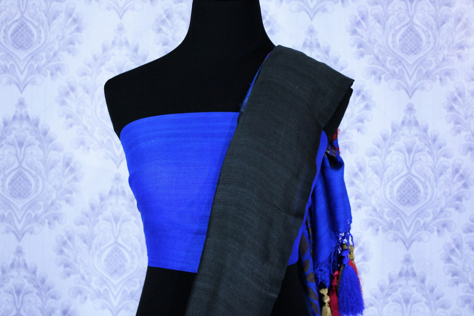 Buy black muga Banarasi sari online in USA with blue pallu. The beautiful saree is a great choice for a classic Indian saree look at special occasions. Select from an exquisite collection of traditional Indian Banarasi sarees, silk saris at Pure Elegance clothing store or shop online for weddings, parties, and festivals.-blouse pallu