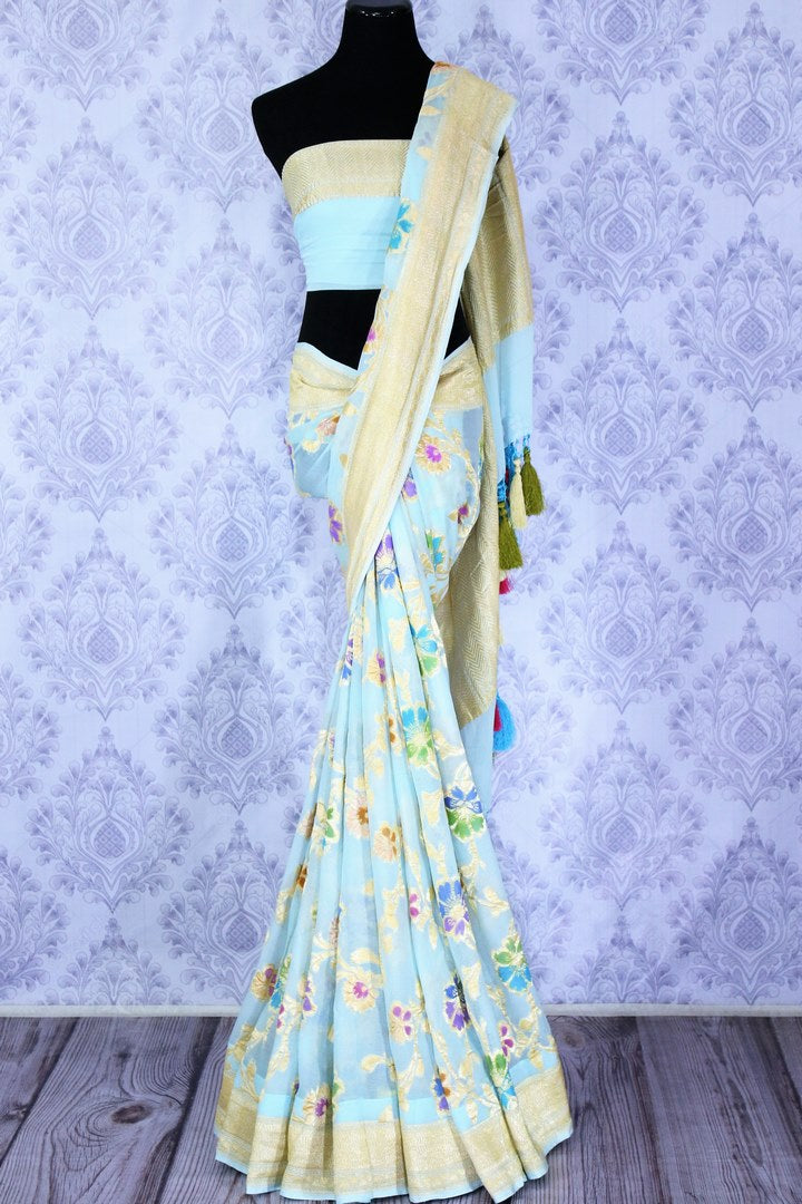 Buy sky blue georgette Banarasi saree online in USA. The alluring design of the saree with  golden pallu and border makes it perfect for a traditional look. Select from an exquisite collection of traditional Indian Banarasi sarees, designer saris at Pure Elegance clothing store or shop online.-full view