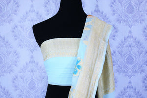 Buy sky blue georgette Banarasi saree online in USA. The alluring design of the saree with  golden pallu and border makes it perfect for a traditional look. Select from an exquisite collection of traditional Indian Banarasi sarees, designer saris at Pure Elegance clothing store or shop online.-blouse pallu
