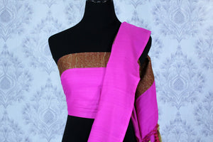 Buy elegant pink muga Banarasi saree online in USA with buta. The striking saree is a great choice to keep it simple and ethnic at special occasions. Select from an exquisite collection of traditional Indian Banarasi sarees at Pure Elegance clothing store or shop online for occasions like weddings, parties, and festivals.-blouse pallu