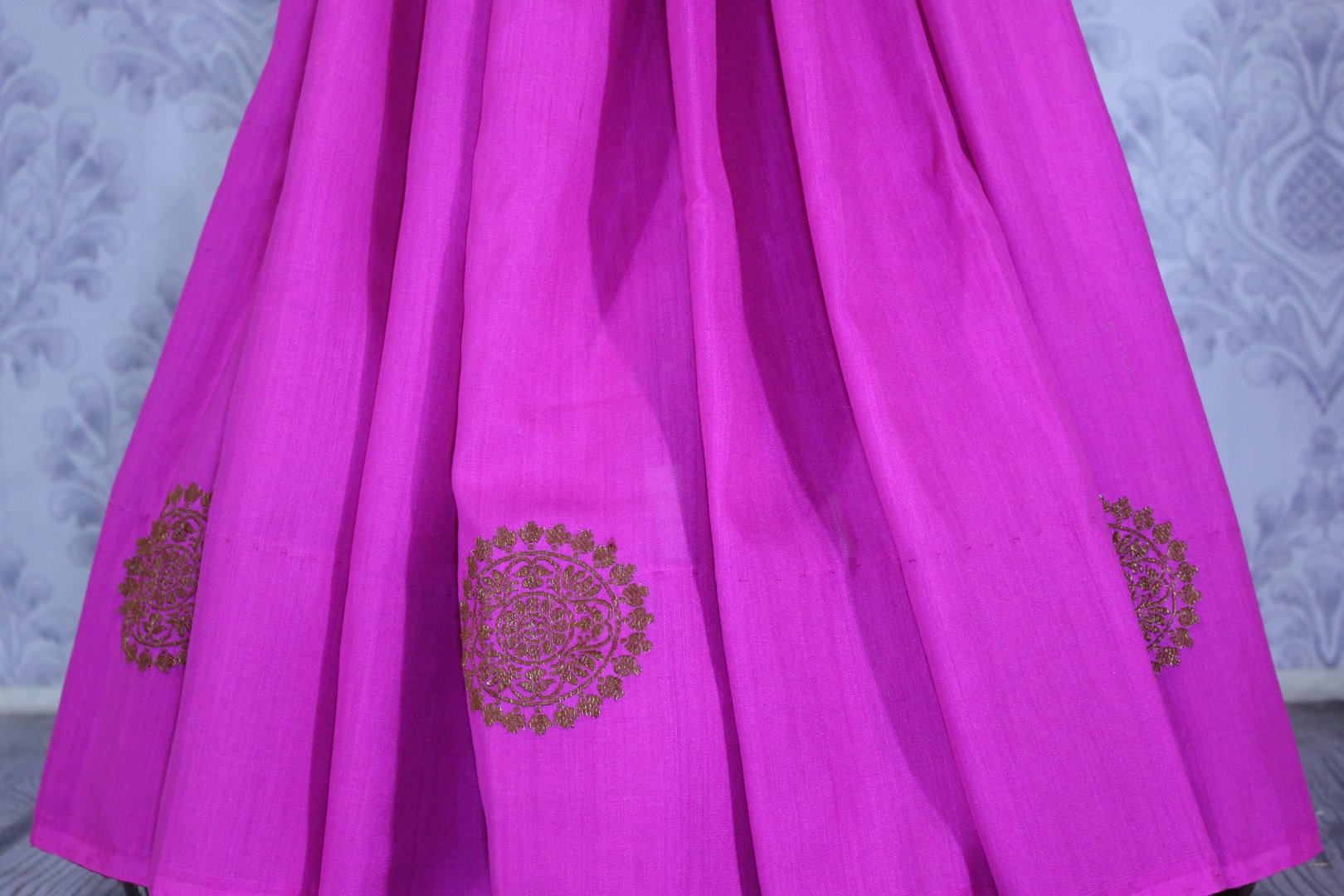 Buy elegant pink muga Banarasi saree online in USA with buta. The striking saree is a great choice to keep it simple and ethnic at special occasions. Select from an exquisite collection of traditional Indian Banarasi sarees at Pure Elegance clothing store or shop online for occasions like weddings, parties, and festivals.-pleats