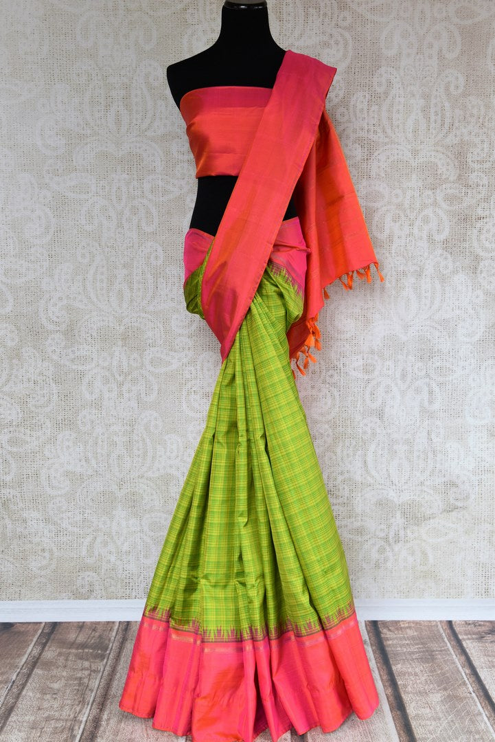 Buy green check Kanjeevaram silk sari online in USA. The beautiful saree is an alluring choice for festivals and special occasions. Choose your favorite saree from an exclusive collection of Indian Kanchipuram sarees available at Pure Elegance clothing store in USA.-full view
