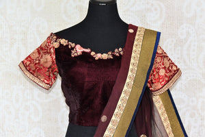 Buy online maroon chanderi net embroidered saree in USA with blouse. Elevate your Indian style with an alluring collection of Indian designer sarees available at Pure Elegance Indian fashion store in USA or shop online.-blouse pallu