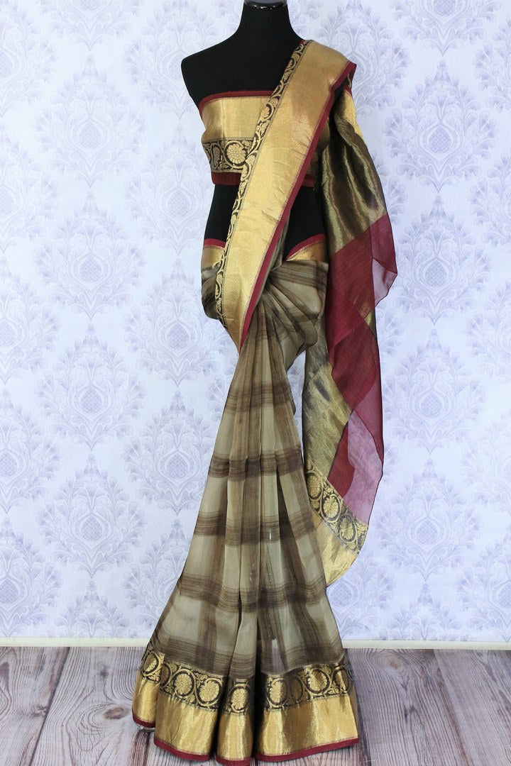 Buy grey check organza saree online in USA with golden border. Make a statement with your Indian saree look at special occasions with an exquisite collection of Indian designer sarees available at Pure Elegance clothing store or shop online.-full view