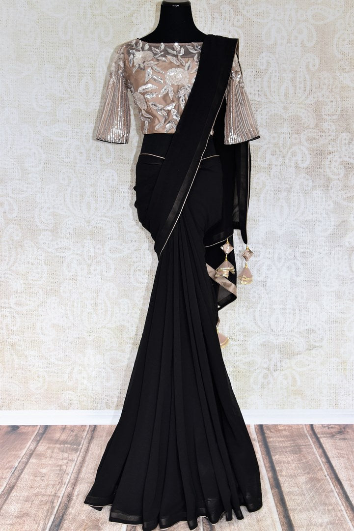 Buy online black net pure georgette saree in USA with embroidered blouse. Elevate your Indian style with an alluring collection of Indian designer sarees, Bollywood sarees available at Pure Elegance Indian fashion store in USA or shop online.-full view