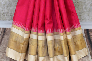 Elegant pink Kanjivaram silk saree buy online in USA. It comes with an embroidered saree blouse to elevate your Indian sari look. If you are looking for Indian designer silk sarees in USA, then Pure Elegance clothing store is your one-stop solution, shop now.-pleats