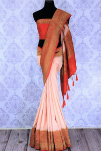 Don the beautiful peach zari embroidery silk saree with the red silk designer blouse. Elevate your style game with this floral embroidered silk sari complemented with a deep red rich pallu to feel the authenticity. Shop such designer silk sarees printed saris, cikkat saris online or visit Pure Elegance store in USA. -full view