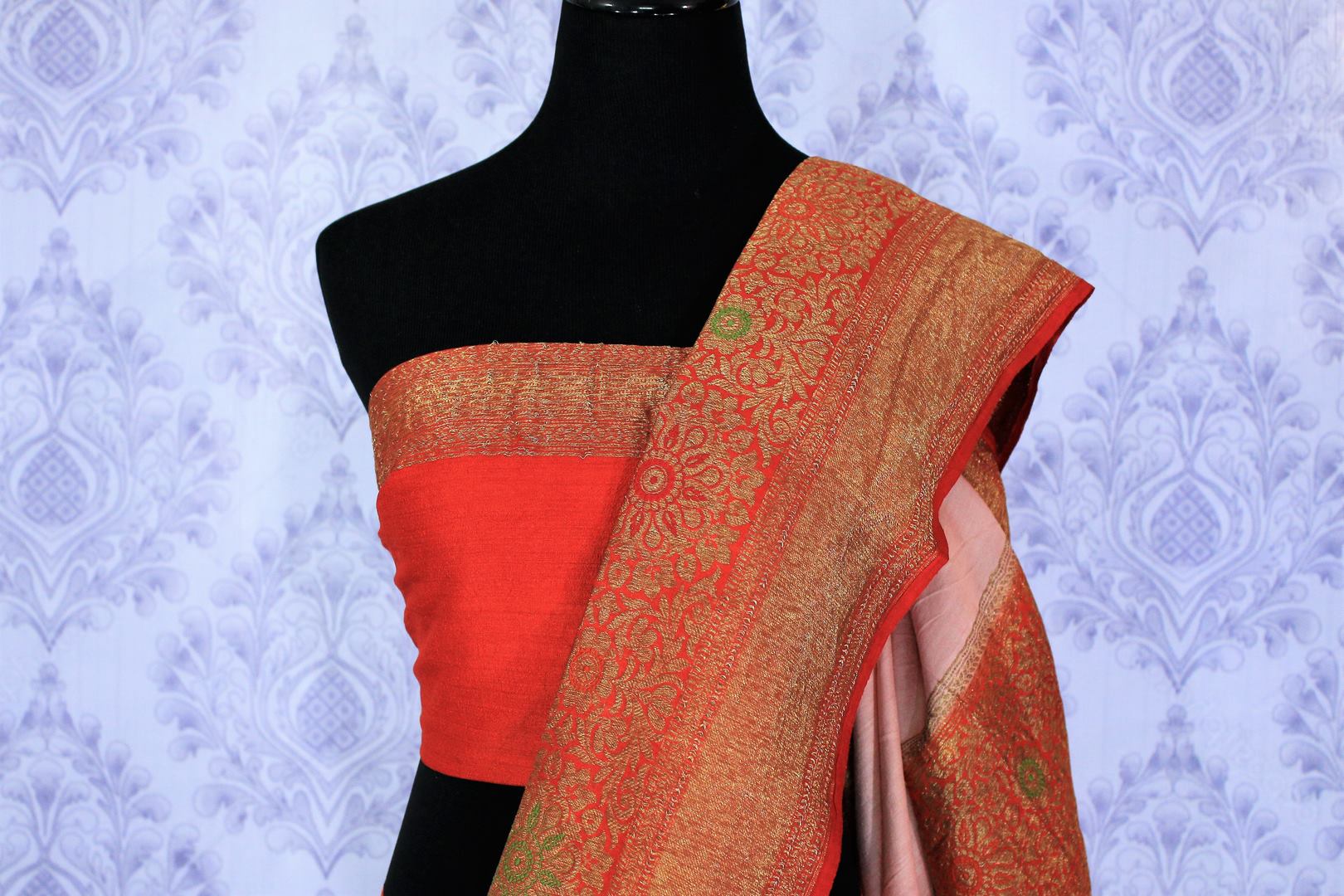 90F938-RO Peach Zari Embroidered Muga Banarsi Silk Designer Saree