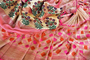 Exude feminity in this pink georgette banarsi silk saree. Perfect for summer-time weddings and parties, this sari comes with a stylish pink blouse. The sari has a zari border and handwoven motifs all over with a rich embroidered pallu. Shop such handcrafted silk sarees online or visit Pure Elegance store, USA. -details