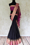 Buy classic black tussar Banarasi saree online in USA with pink zari border and buta. Make an elegant ethnic fashion statement at parties, weddings and special occasions with a splendid collection of Indian designer silk sarees, Banarasi sarees, handwoven sarees from Pure Elegance Indian clothing store in USA or shop online.-full view