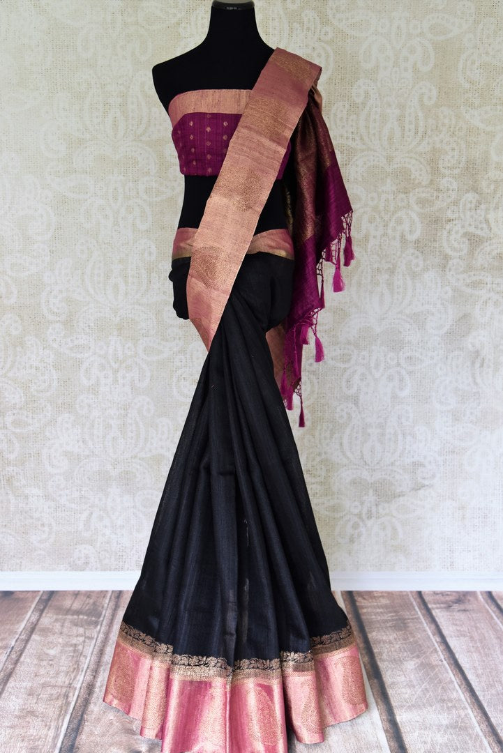 Buy black tussar Benarasi saree online in USA with pink zari border and pallu. Make an elegant ethnic fashion statement at parties, weddings and special occasions with a splendid collection of Indian designer sarees, Banarasi saris, handwoven saris from Pure Elegance Indian clothing store in USA or shop online.-full view