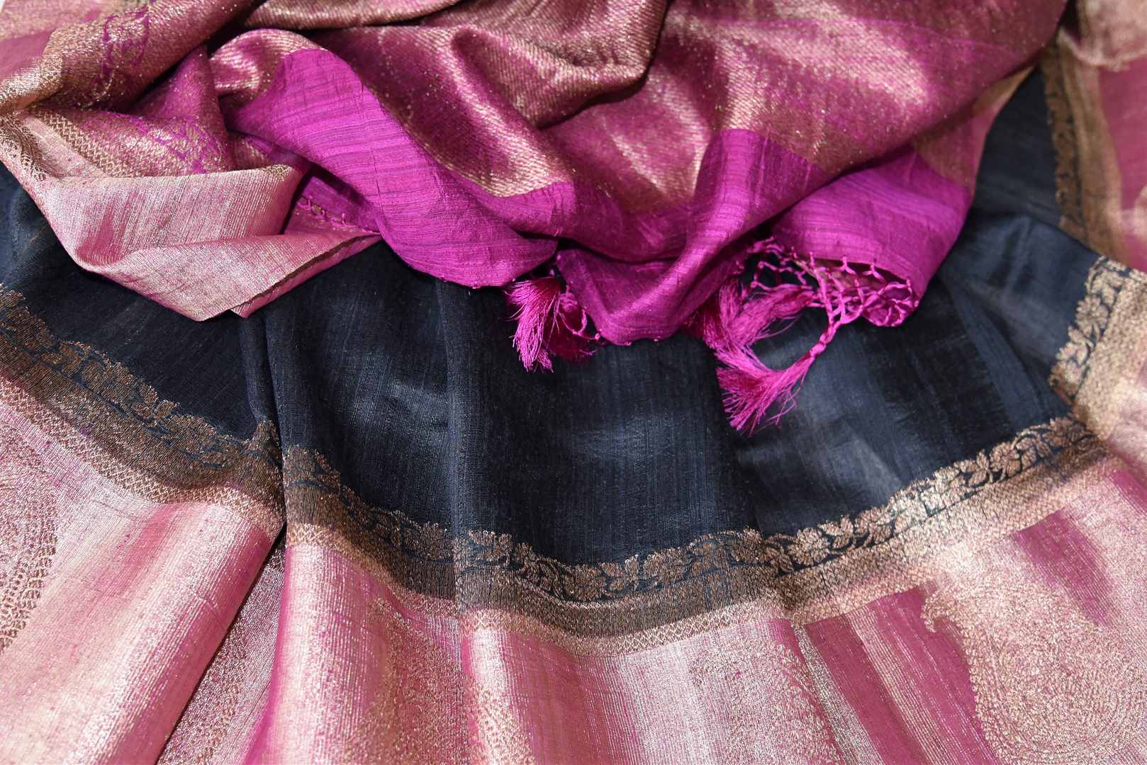 Buy black tussar Benarasi saree online in USA with pink zari border and pallu. Make an elegant ethnic fashion statement at parties, weddings and special occasions with a splendid collection of Indian designer sarees, Banarasi saris, handwoven saris from Pure Elegance Indian clothing store in USA or shop online.-details