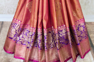 Ace your uber-style in this pink tussar banarsi silk sari. Style it with a designer blouse and intricate buta work all-over the beautiful saree. The rich gold zari border saree that comes with a breath-taking contrast. Shop handloom sarees, banarsi silk sari, chiffon saree online or visit Pure Elegance store, USA. -pleats