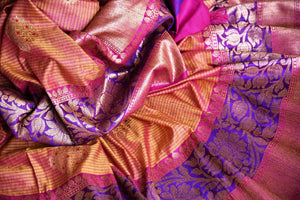 Ace your uber-style in this pink tussar banarsi silk sari. Style it with a designer blouse and intricate buta work all-over the beautiful saree. The rich gold zari border saree that comes with a breath-taking contrast. Shop handloom sarees, banarsi silk sari, chiffon saree online or visit Pure Elegance store, USA. -details