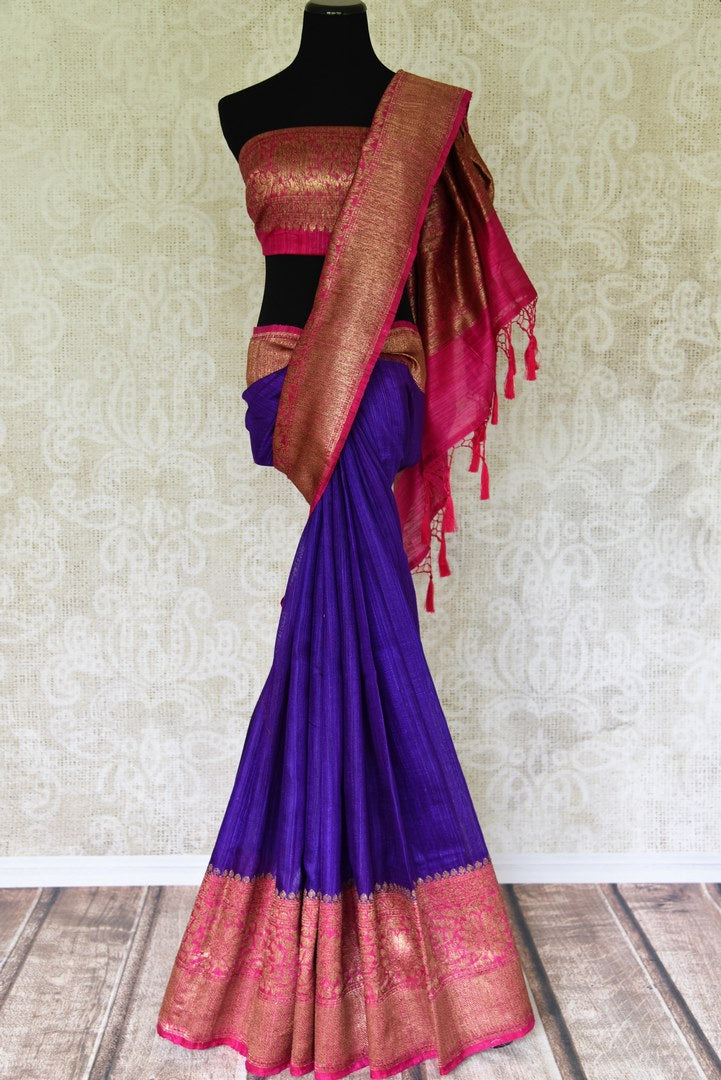 Grace the special occasion like festivity or wedding in our stunning blue matka banarsi silk sari. It comes with a gorgeous pink zari border and a contrasting pink zari woven blouse to complement the ensemble. Shop handcrafted silk sari, linen saree, chiffon sari online or visit Pure Elegance store, USA.-full view