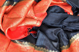 Enhance the subtle charm with classic black matka banarsi silk saree which comes with a vibrant red zari border. Strut to social events in this ensemble. Style it with a gorgeous red zari blouse to turn heads. Shop handloom sarees, kanjeevaram silk sari, linen sari online or visit Pure Elegance store, USA. -details
