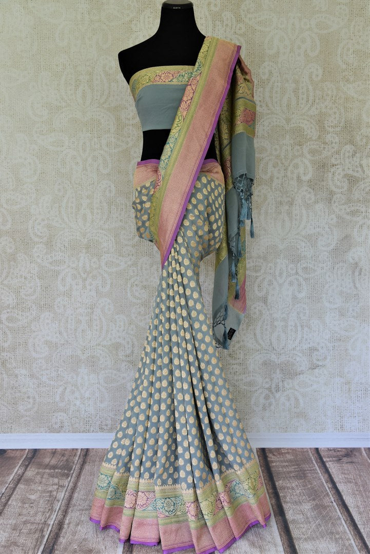 Buy grey georgette Banarasi saree online in USA with zari border and buta. Add brilliance to your Indian ethnic look with woven Indian Banarasi sarees available at Pure Elegance exclusive Indian clothing store in USA or browse through our website and shop online.-full view