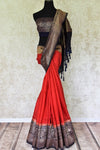 Enchanting hues of red matka banarsi silk are here to melt your heart this wedding season. Drape this sari with a gold and black intricately woven zari border and compliment it with a similar designer blouse. Shop handloom sarees, silk sari, linen saree online or visit Pure Elegance store, USA.-full view