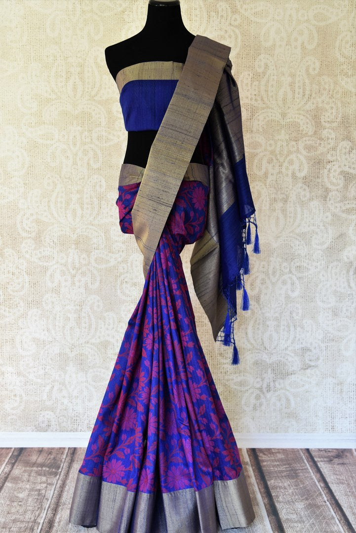 Buy blue floral tussar Banarasi sari with zari border online in USA. Adorn yourself in glorious Indian sarees from Pure Elegance Indian fashion store in USA. We have an exclusive range of Indian designer sarees, traditional handloom saris, Banarasi sarees to make your Indian look absolutely captivating.-full view