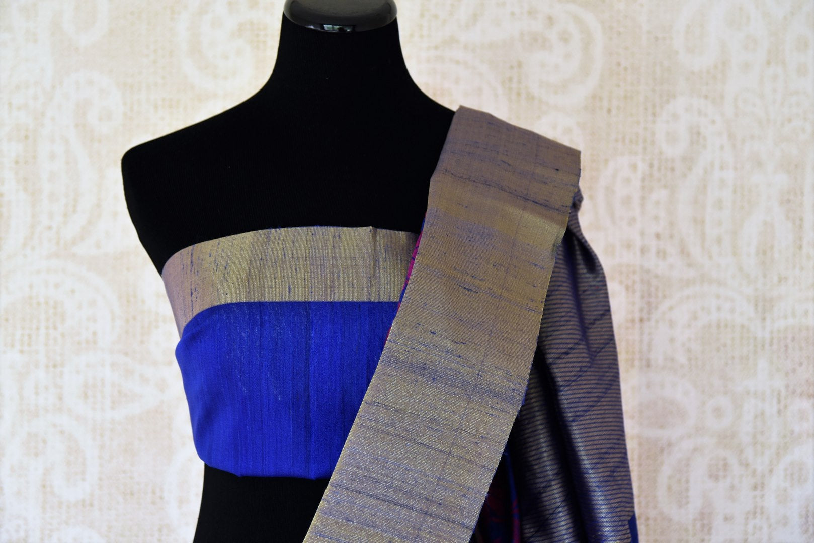 Buy blue floral tussar Banarasi sari with zari border online in USA. Adorn yourself in glorious Indian sarees from Pure Elegance Indian fashion store in USA. We have an exclusive range of Indian designer sarees, traditional handloom saris, Banarasi sarees to make your Indian look absolutely captivating.-blouse pallu