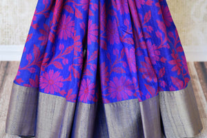 Buy blue floral tussar Banarasi sari with zari border online in USA. Adorn yourself in glorious Indian sarees from Pure Elegance Indian fashion store in USA. We have an exclusive range of Indian designer sarees, traditional handloom saris, Banarasi sarees to make your Indian look absolutely captivating.-pleats
