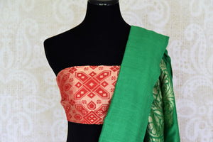 Satiate your saree appetite in this green muga silk drapery with a gorgeous silver zari work designed on the pallu. Style this piece with a statement red zari designer blouse to add a pop of color. Shop handcrafted silk saris, linen saree, chiffon saree online or visit Pure Elegance store, USA.-blouse pallu