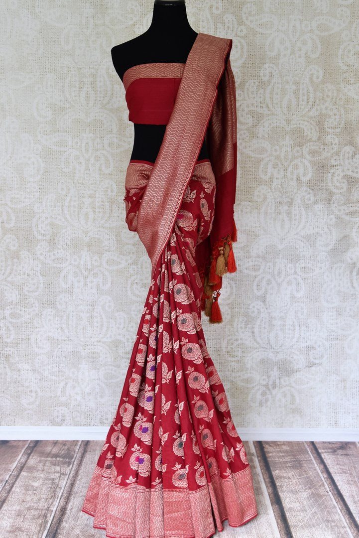 Shop bright red muga Banarasi saree online in USA with marigold floral buta. Find a range of pure handloom saris in USA at Pure Elegance Indian clothing store. Elevate your traditional style with a range of designer silk sarees, Banarasi sarees, and much more also available at our online store.-full view