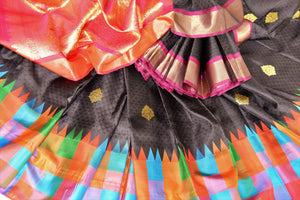 Buy black Kanjeevaram silk saree with multicolor check border and zari buta online in USA from Pure Elegance online store. Visit our exclusive Indian clothing store in USA and get floored by a range of exquisite Indian Kanjivaram saris, handloom sarees, silk sarees, Indian jewelry and much more to complete your ethnic look.-details