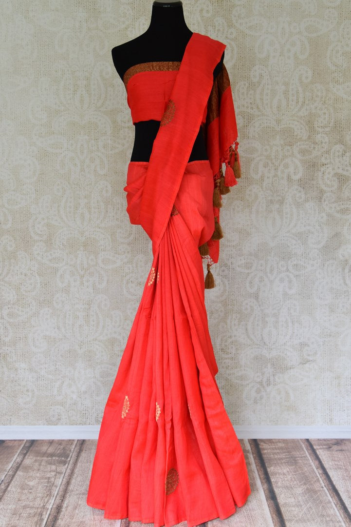 Shop red muga Banarasi saree online in USA with zari buta from Pure Elegance online store. Visit our exclusive Indian clothing store in USA and get floored by a range of exquisite Indian Kanjivaram saris, Banarasi sarees, silk sarees, Indian jewelry and much more to complete your ethnic look.-full view
