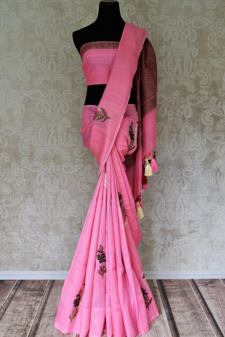 Shop woven pink color muga Banarasi saree online in USA with floral buta from Pure Elegance online store. Visit our exclusive Indian clothing store in USA and get floored by a range of exquisite Indian Kanjivaram saris, Banarasi sarees, silk sarees, Indian jewelry and much more to complete your ethnic look.-full view