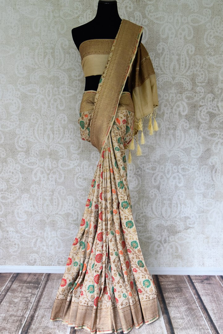 Buy beige muga Banarasi saree online in USA with zari and minakari work from Pure Elegance online store. Visit our exclusive Indian clothing store in USA and get floored by a range of exquisite pure handloom sarees, Banarasi sarees, silk sarees, Indian jewelry and much more to complete your ethnic look.-full view