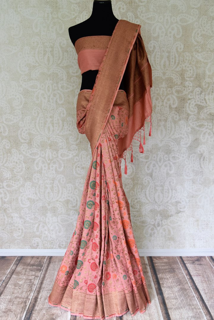 Shop pink color muga Banarasi sari online in USA with floral zari and minakari work from Pure Elegance online store. Visit our exclusive Indian clothing store in USA and get floored by a range of exquisite pure handloom sarees, Banarasi sarees, silk sarees, Indian jewelry and much more to complete your ethnic look.-full view