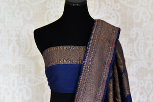Buy dark blue muga Benarasi saree online in USA with minakari zari floral jaal. Shine bright on special occasions with traditional Indian sarees, Banarasi sarees, pure silk sarees in rich colors and designs from Pure Elegance Indian fashion store in USA.-blouse pallu