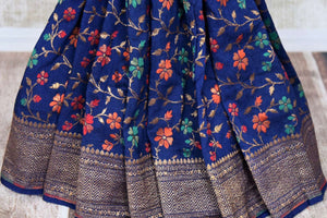 Buy dark blue muga Benarasi saree online in USA with minakari zari floral jaal. Shine bright on special occasions with traditional Indian sarees, Banarasi sarees, pure silk sarees in rich colors and designs from Pure Elegance Indian fashion store in USA.-pleats