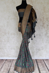Buy grey muga Benarasi sari online in USA with minakari zari floral jaal. Shine bright on special occasions with traditional Indian sarees, Banarasi sarees, pure silk sarees in rich colors and designs from Pure Elegance Indian fashion store in USA.-full view