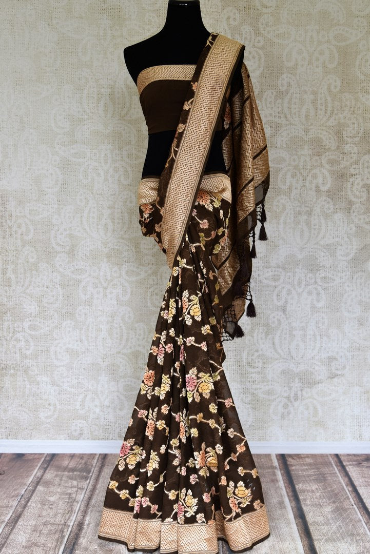 Buy dark brown Benarasi georgette saree online in USA with minakari zari floral creeper design. Shine bright on special occasions with traditional Indian sarees, Banarasi sarees, pure silk sarees in rich colors and designs from Pure Elegance Indian fashion store in USA.-full view