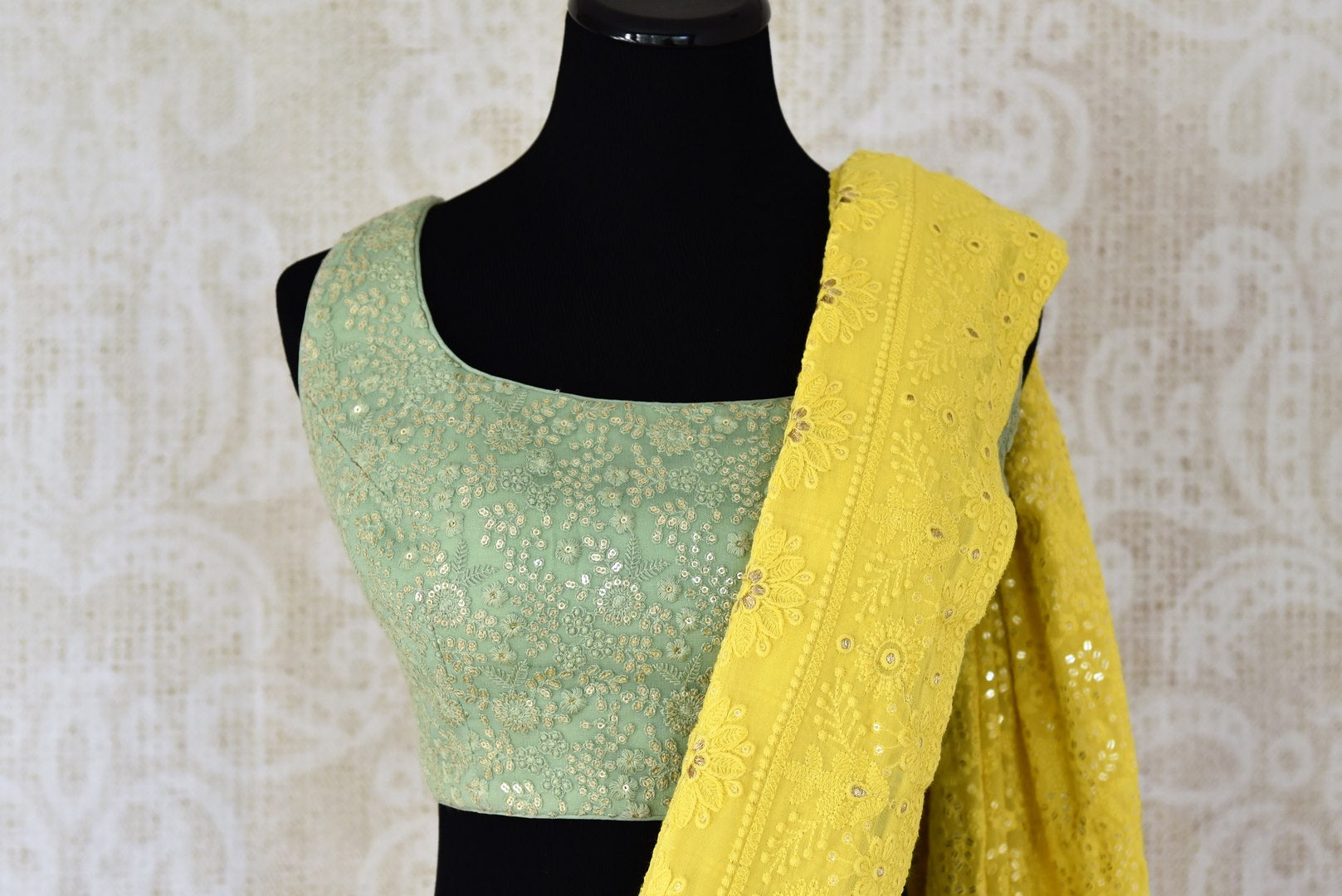 Buy yellow georgette Lucknowi saree online in USA from Pure Elegance. Be an epitome of Indian fashion on special occasions with beautiful designer sarees with blouses, Banarasi sarees, Kanchipuram silk saris available at our Indian fashion store in USA. -blouse pallu