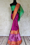 Buy purple Kanjeevaram saree online in USA with heavy silver and gold zari border. Flaunt the best of Indian styles on special occasions with traditional Kanchipuram sarees, handloom silk sarees, embroidered sarees from Pure Elegance Indian fashion store in USA.-full view