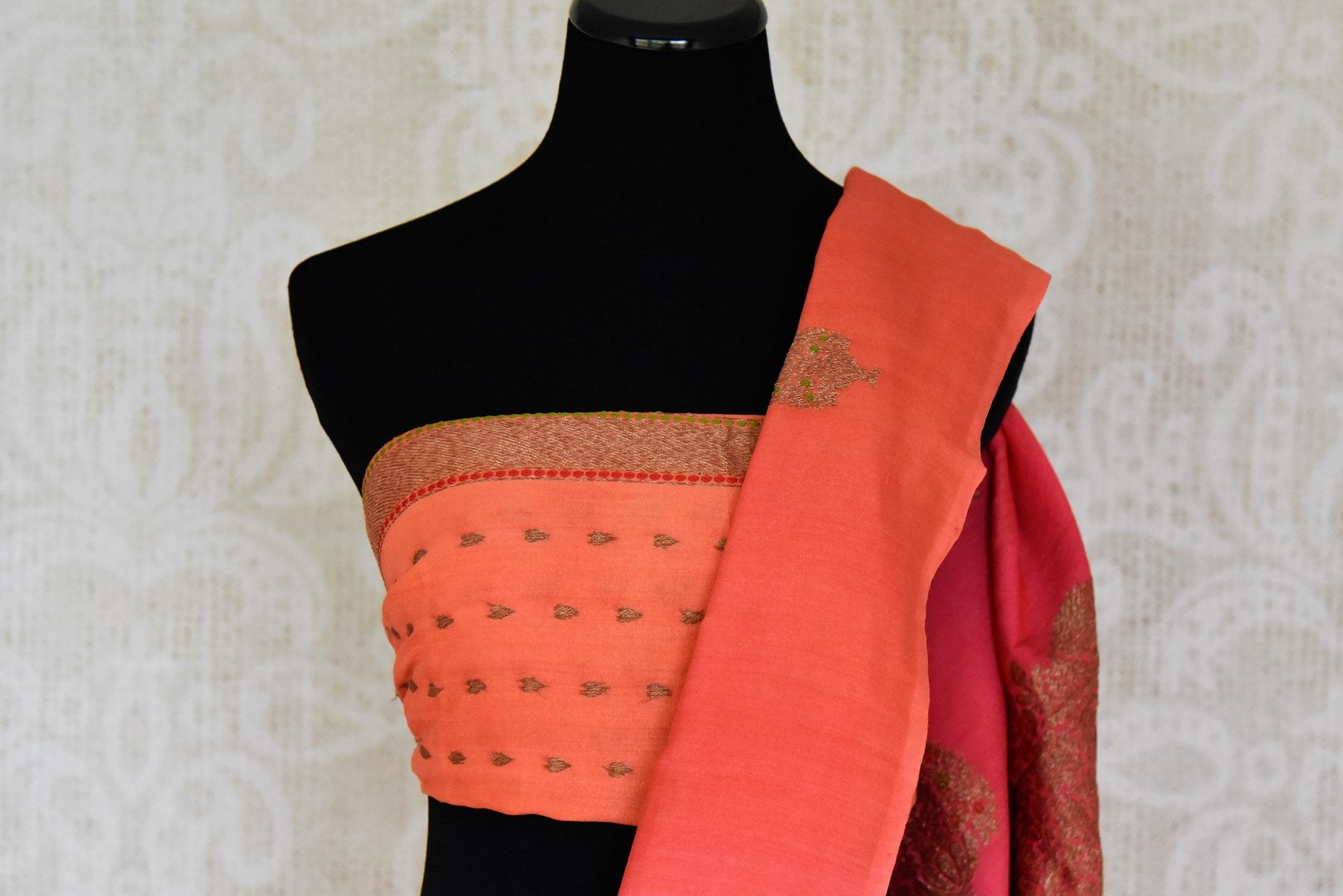 Buy pink and orange muga Benarasi sari online in USA with antique zari buta. Shine bright on special occasions with traditional Indian sarees, handloom sarees, pure silk saris in rich colors and designs from Pure Elegance Indian fashion store in USA.-blouse pallu